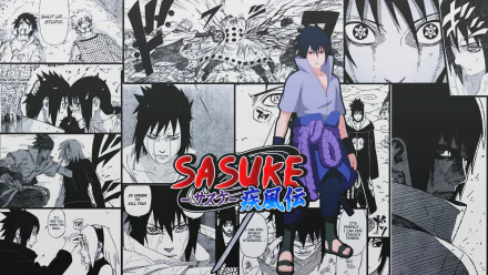 HD desktop wallpaper featuring Sasuke Uchiha in the foreground with manga panels of Naruto, Itachi Uchiha, and Sasuke Uchiha from the anime Naruto in the background.