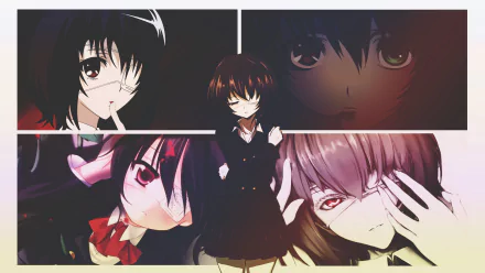 A captivating HD desktop wallpaper featuring Mei Misaki from the anime Another, showcasing various expressions of the character in a dramatic, stylized collage.