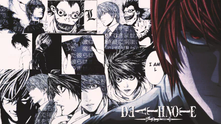 A vibrant HD desktop wallpaper featuring characters from the anime Death Note, prominently showcasing Light Yagami and L among intense visuals and striking designs.