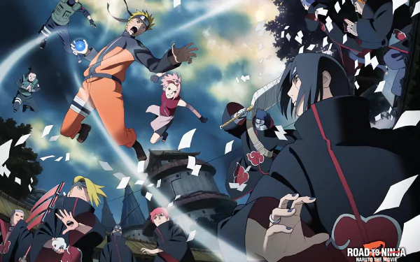 HD desktop wallpaper featuring characters from the anime Naruto, including Naruto Uzumaki, Kakashi Hatake, Sakura Haruno, and members of the Akatsuki, set against a dramatic sky.