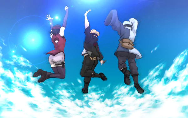 HD desktop wallpaper featuring Mitsuki, Sarada Uchiha, and Boruto Uzumaki from the anime Boruto, leaping into a bright blue sky with clouds.