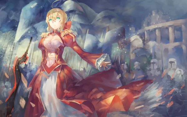 A vibrant HD desktop wallpaper featuring Red Saber from Fate/Extra, showcasing her in a dramatic pose amidst a mystical background with scattered figures.