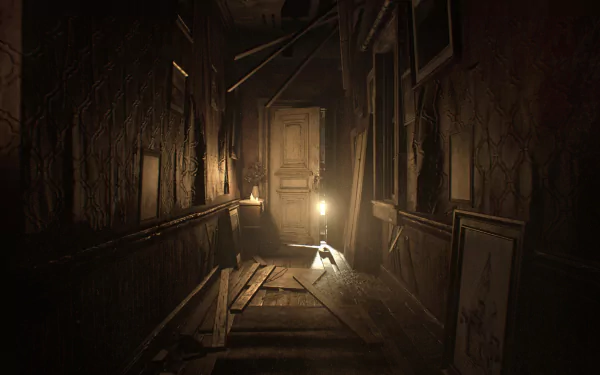 HD PC desktop wallpaper/background from the video game Resident Evil 7: Biohazard — a decaying, dim hallway with broken floorboards and a lantern-lit door at the end.