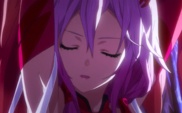 HD anime desktop wallpaper featuring Inori Yuzuriha from Guilty Crown with closed eyes and soft purple lighting.