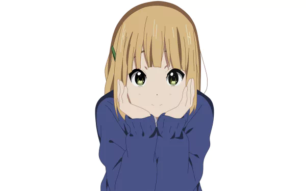 Anime HD PC desktop wallpaper featuring a character from Tamako Market with light brown hair and green eyes, resting her face in her hands against a plain white background.