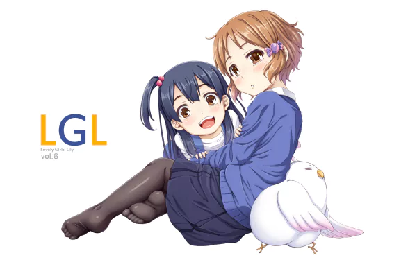 HD PC desktop wallpaper featuring two anime girls from Tamako Market, one with short brown hair and the other with dark twin tails, accompanied by a white bird.