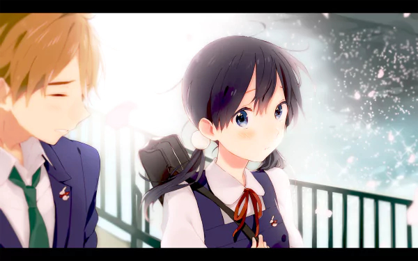 Anime Tamako Market HD PC desktop wallpaper: schoolgirl in uniform with dark pigtails and backpack looks toward viewer as a blond classmate walks past by a sparkling riverside railing.