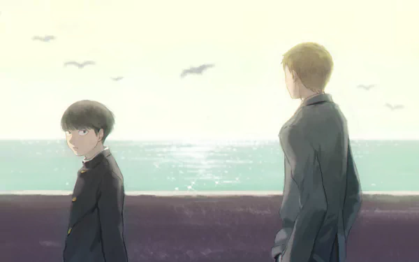 HD anime desktop wallpaper featuring Arataka Reigen and Shigeo Kageyama from Mob Psycho 100 standing by the seaside under a soft, glowing sky.