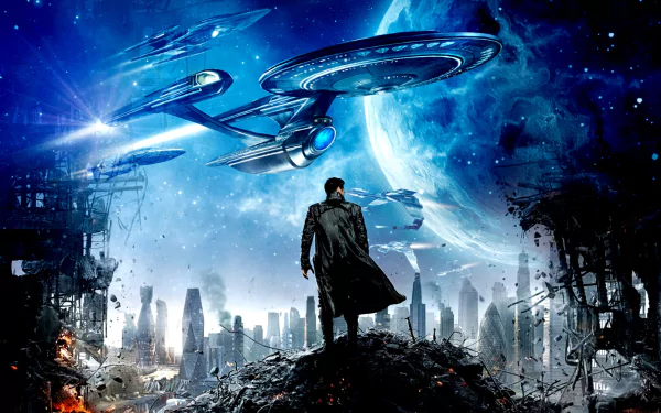 A dramatic scene from Star Trek Into Darkness, featuring a figure in a long coat standing amidst a futuristic cityscape, with starships soaring above and a vibrant blue planet in the background.