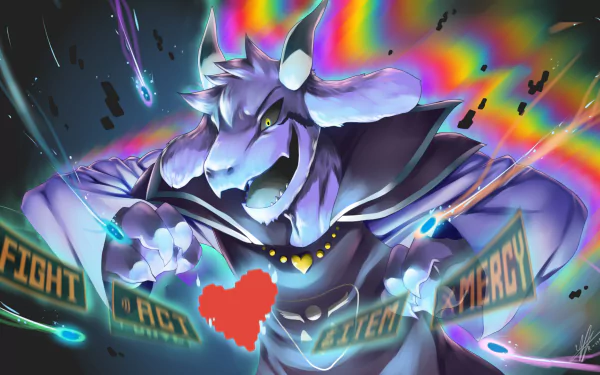 HD wallpaper featuring Asriel from the video game Undertale, showing dynamic, colorful action with game elements like Fight, Act, and Mercy bars.