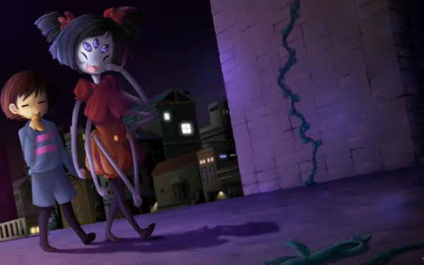 Muffet and Frisk from Undertale stroll together under a nighttime sky, with Muffet playfully eating a croissant, showcasing her fangs, brown and black hair, and striking purple eyes.
