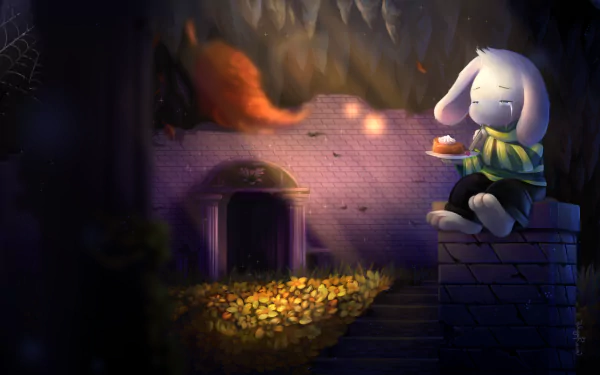 Asriel from Undertale sits peacefully in a whimsical setting, enjoying cake amidst a backdrop of autumn leaves and a mysterious entrance, creating a captivating video game wallpaper.