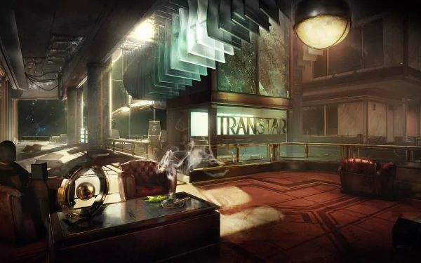 4K Ultra HD desktop wallpaper from the video game Prey, featuring a dimly lit, futuristic interior with vintage furniture and a glowing TRANSFER sign.