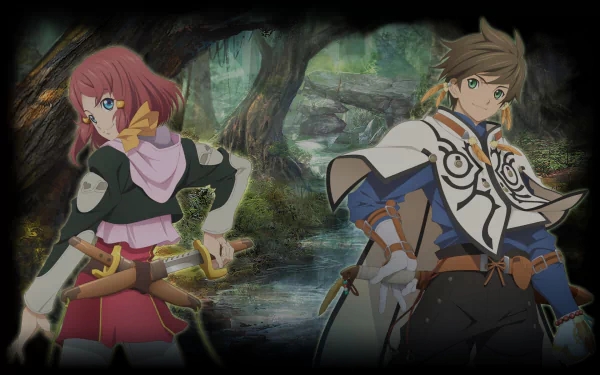 HD anime wallpaper featuring Sorey and Rose from Tales of Zestiria the X standing back-to-back in a lush forest setting.