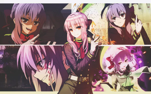 HD desktop wallpaper and background featuring Shinoa Hīragi from the anime Seraph of the End, showcasing multiple scenes of the character.