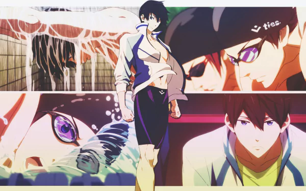 HD PC desktop wallpaper featuring Haruka Nanase from the anime Free!, showcasing multiple dynamic close-ups and a full-body image in vibrant colors.