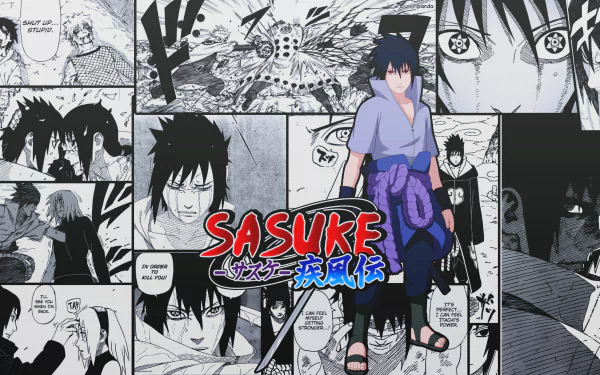 HD desktop wallpaper featuring Sasuke Uchiha in the foreground with manga panels of Naruto, Itachi Uchiha, and Sasuke Uchiha from the anime Naruto in the background.