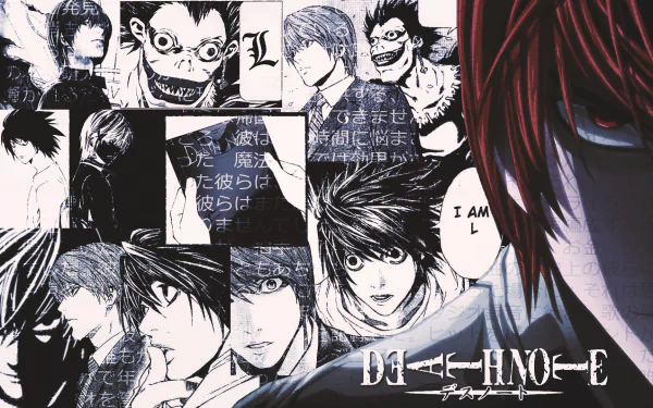 A vibrant HD desktop wallpaper featuring characters from the anime Death Note, prominently showcasing Light Yagami and L among intense visuals and striking designs.