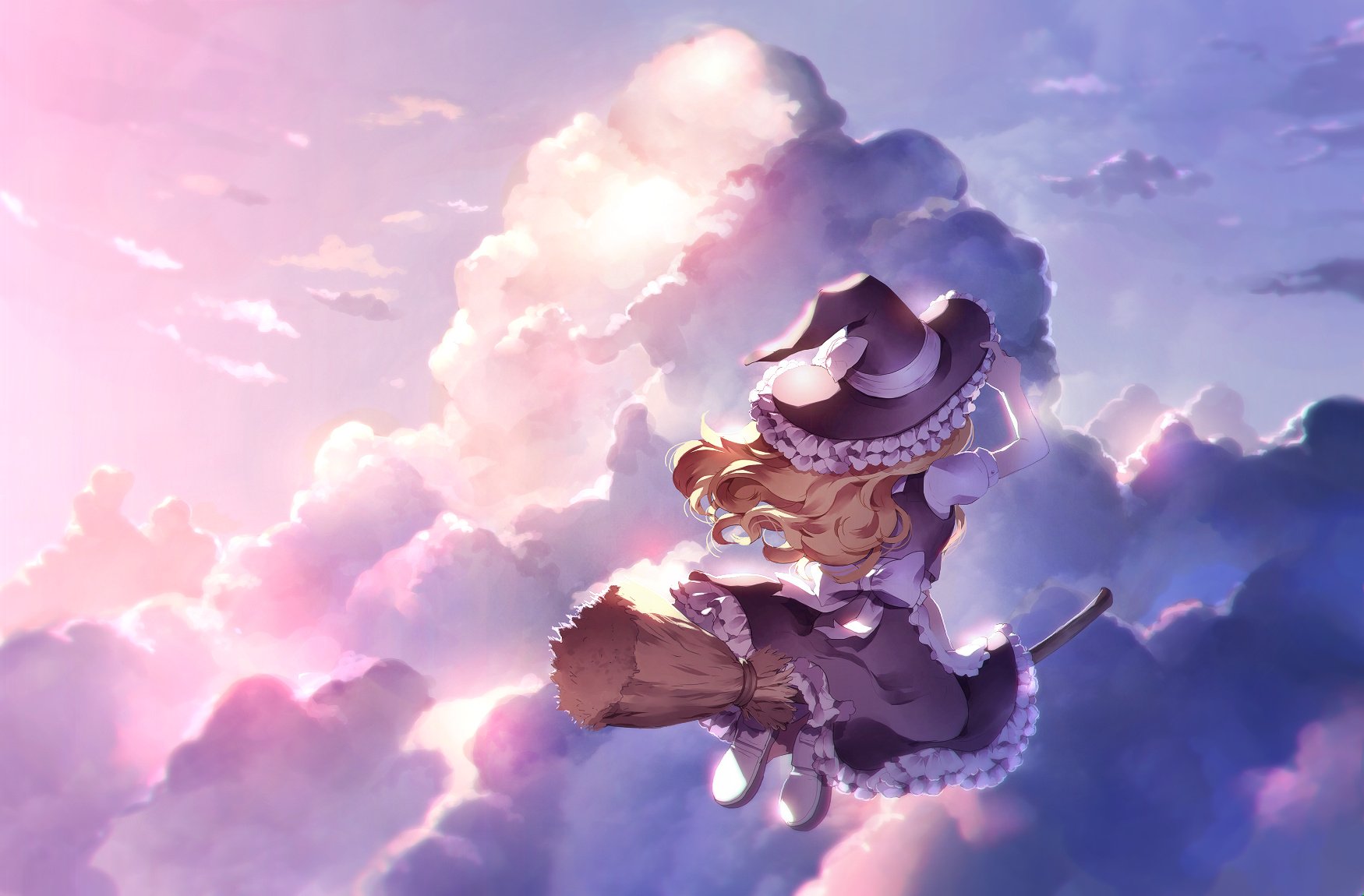 HD anime desktop wallpaper featuring Marisa Kirisame from Touhou, soaring on her broomstick against a vibrant sky filled with glowing clouds at sunset.