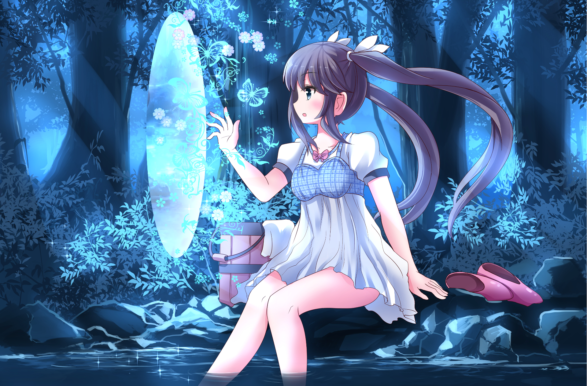A serene anime scene featuring a girl in a white dress sitting by water, interacting with a magical portal surrounded by glowing flowers and a tranquil forest backdrop. HD desktop wallpaper.