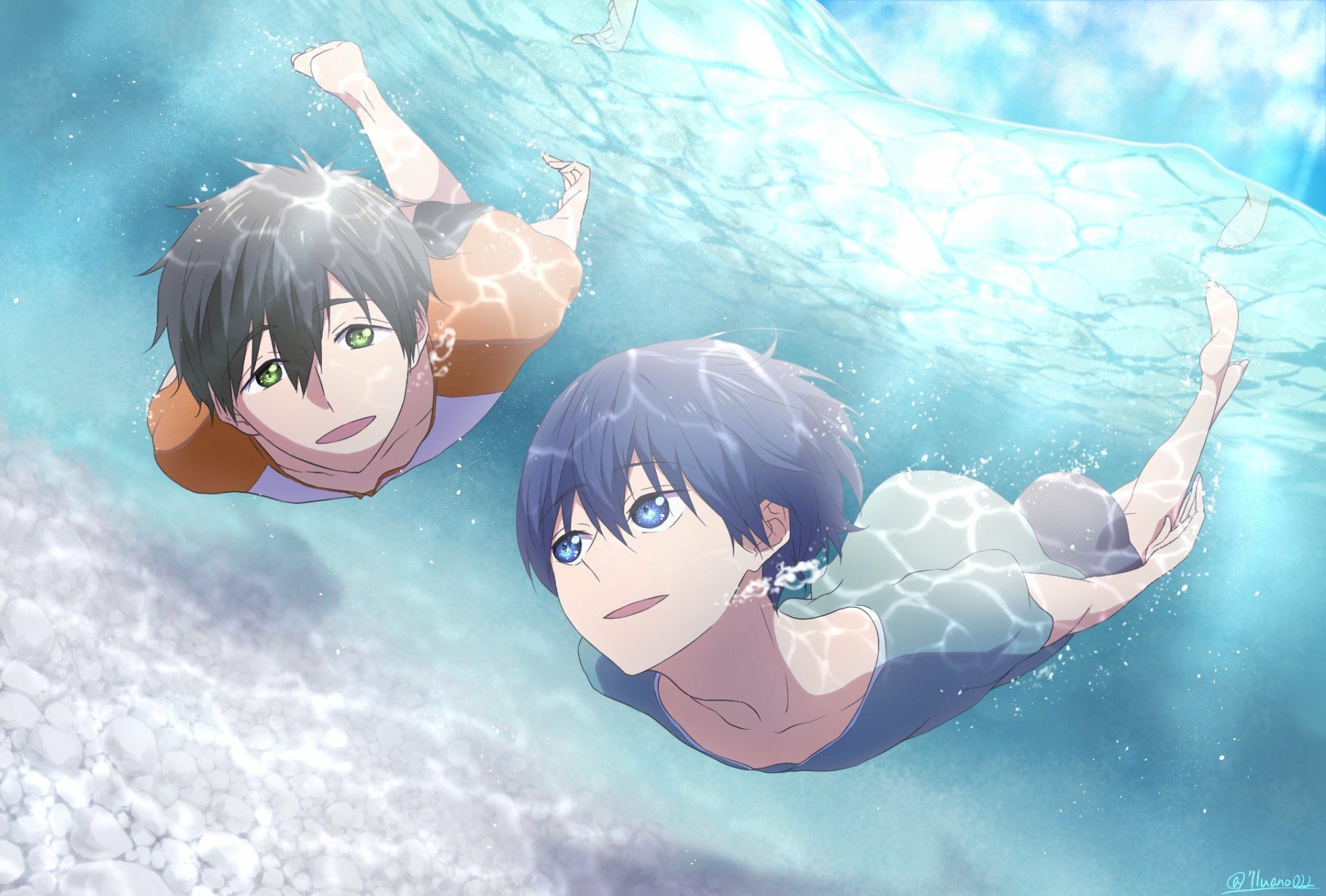HD PC desktop wallpaper of two anime boys swimming underwater, featuring characters from Free! with sunlight filtering through the water.