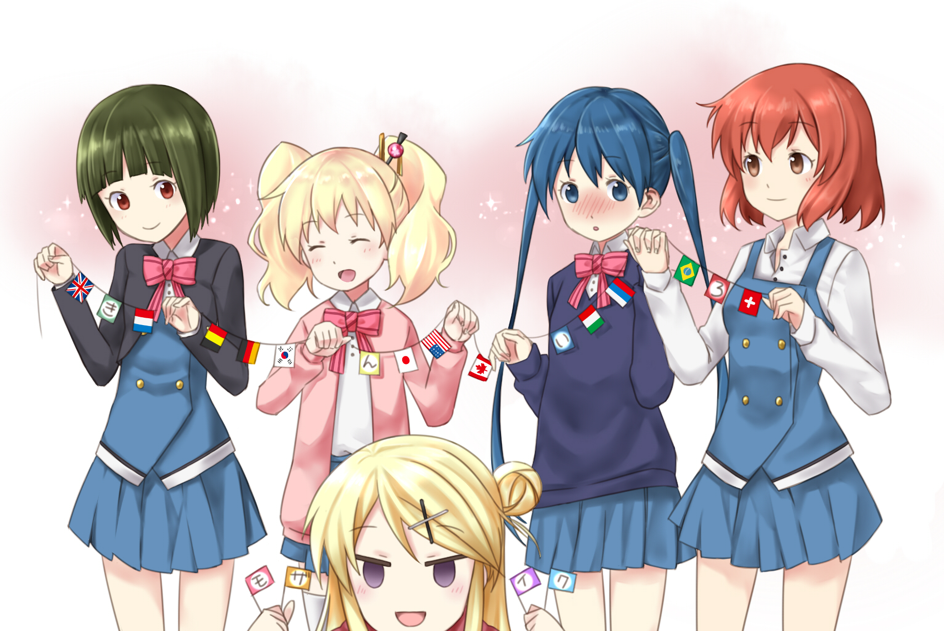 KINMOZA! anime HD PC desktop wallpaper: five cheerful schoolgirls in uniforms holding a string of paper decorations against a soft pastel background.