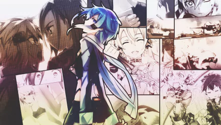 A vibrant HD wallpaper featuring Shino Asada from Sword Art Online II, surrounded by dynamic scenes and characters, capturing the essence of the anime's thrilling adventure.