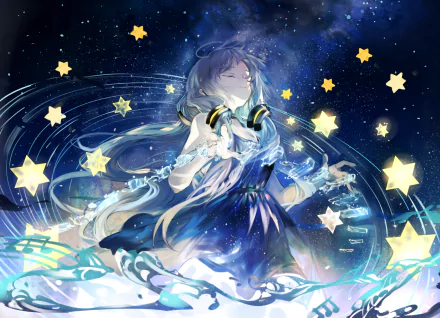 Stardust from Vocaloid is depicted in this enchanting HD anime wallpaper, surrounded by stars and swirling cosmic elements, embodying a connection to music and the universe.