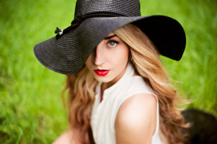 Blonde woman with green eyes and red lipstick wearing a large black hat, captured in HD for a PC desktop wallpaper background.