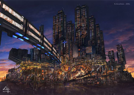 HD anime cityscape at dusk with towering skyscrapers and elevated trains, creating a vibrant, futuristic atmosphere for a PC desktop wallpaper.