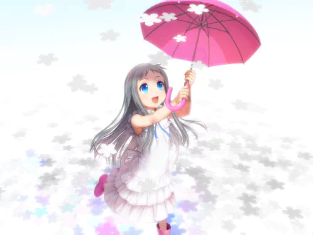 Anime-style HD desktop wallpaper from Anohana featuring a smiling girl with long hair holding a pink umbrella, surrounded by soft white and pastel-colored flower petals.