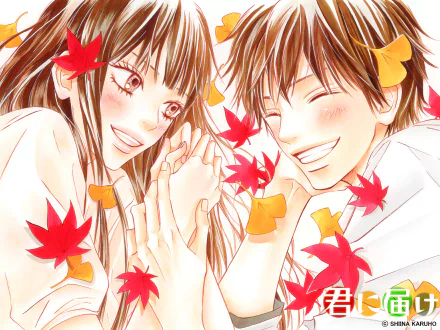 Shota Kazehaya and Sawako Kuronuma from the anime Kimi Ni Todoke share a joyful moment surrounded by colorful autumn leaves in this HD desktop wallpaper.