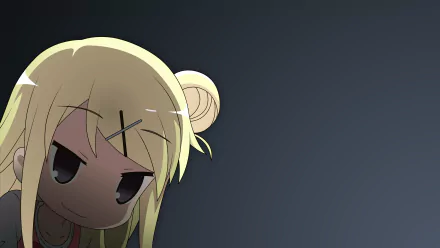 Chibi-style blonde anime character from KINMOZA! peeks from the corner against a dark gradient background in this HD PC desktop wallpaper.