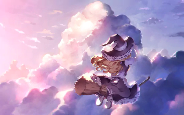 HD anime desktop wallpaper featuring Marisa Kirisame from Touhou, soaring on her broomstick against a vibrant sky filled with glowing clouds at sunset.