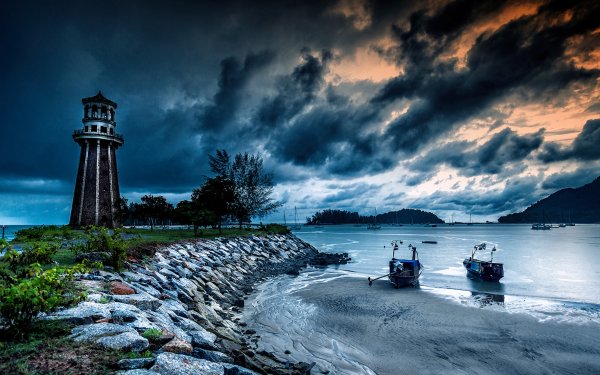 Man Made Lighthouse Malaysia Boat Ocean Sky Cloud HD Wallpaper | Background Image