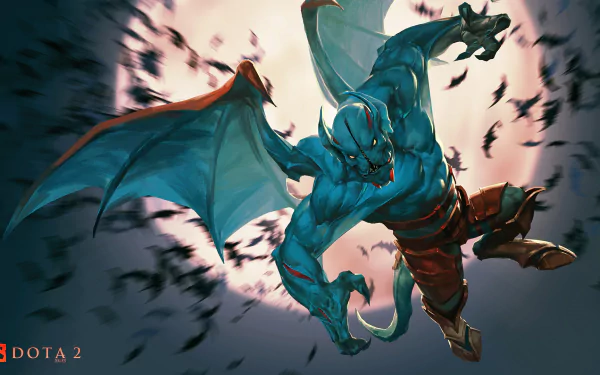 HD desktop wallpaper featuring Night Stalker from Dota 2 soaring with wings against a glowing moon, surrounded by bats in a dark, intense video game scene.