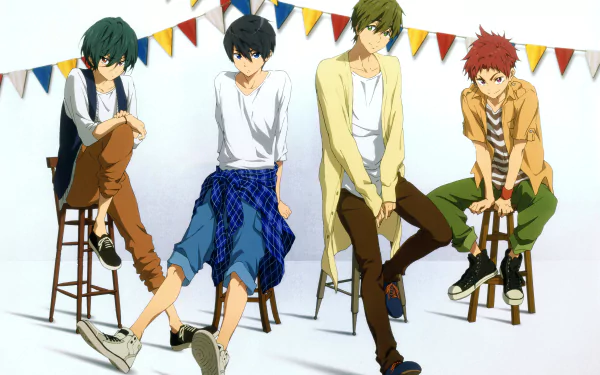 Anime characters from Free! pose casually on stools against a festive backdrop with colorful flags. This vibrant image serves as a stunning 4K Ultra HD desktop wallpaper.