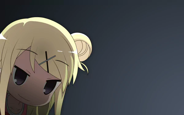 Chibi-style blonde anime character from KINMOZA! peeks from the corner against a dark gradient background in this HD PC desktop wallpaper.