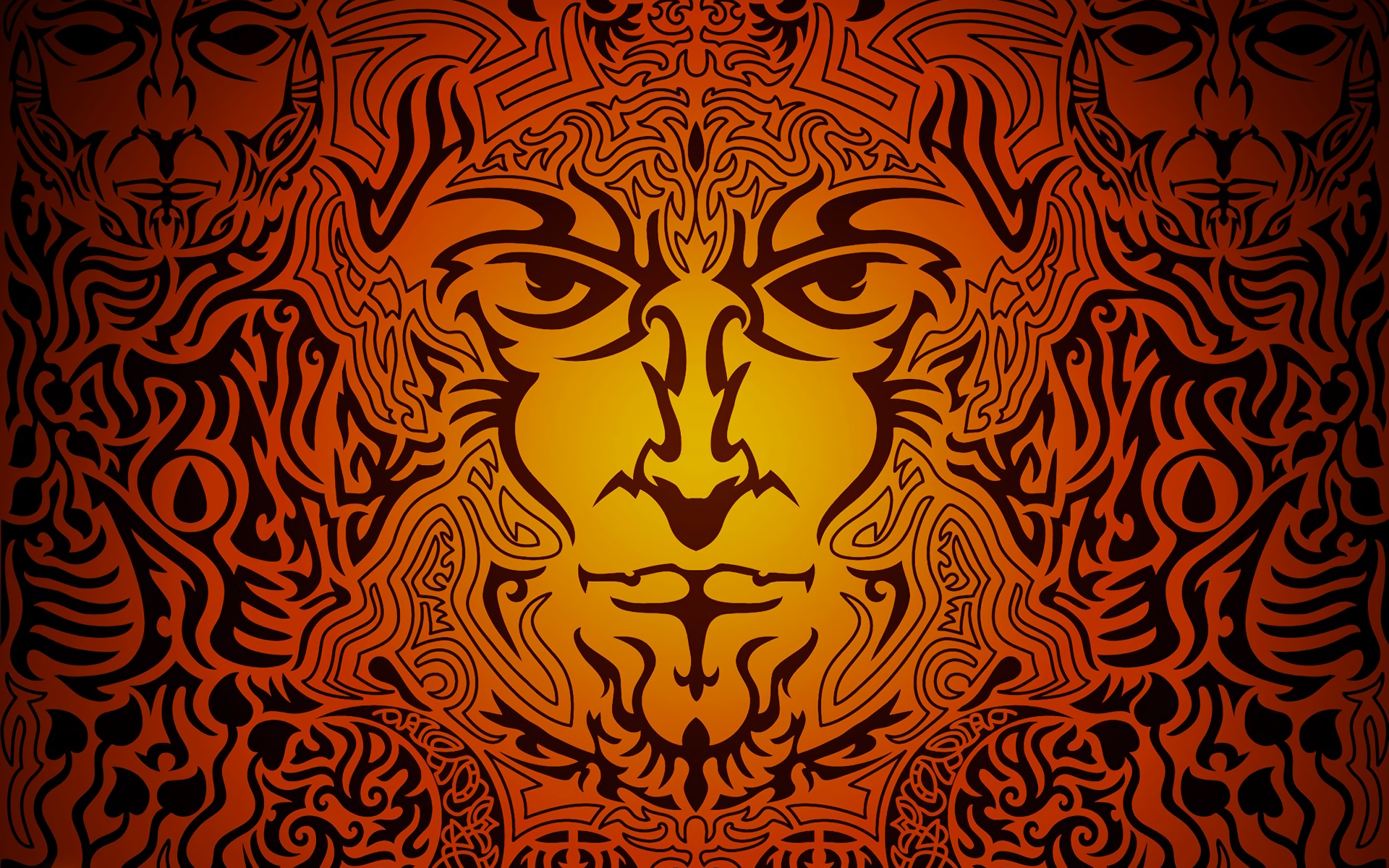 An artistic HD wallpaper featuring a stylized face surrounded by intricate patterns, blending bold lines and vibrant orange hues for a captivating background.