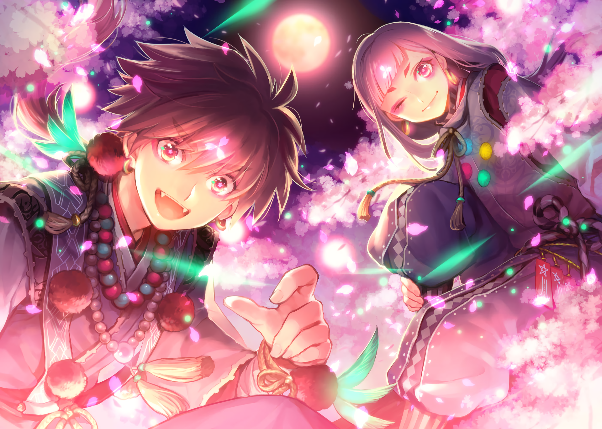 A vibrant original anime HD desktop wallpaper featuring two joyful characters surrounded by swirling cherry blossom petals and a mystical night sky.