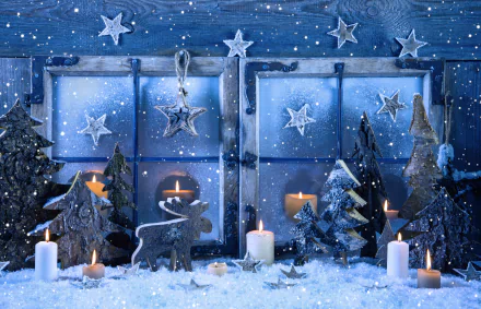 A cozy holiday scene featuring snowflakes, candles, and festive decorations, including a reindeer and star-shaped ornaments, viewed through a window adorned with a wintery backdrop.