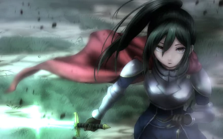 Crusch Karsten from the anime Re:Zero - Starting Life in Another World stands ready for battle, wielding a sword, with a determined expression and her cape billowing behind her in this HD wallpaper.