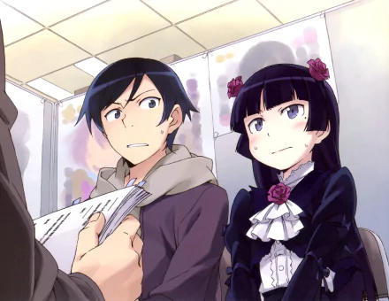 HD anime wallpaper featuring Kyōsuke Kōsaka and Ruri Gokō from Oreimo, showcasing their expressive faces in a detailed indoor setting.