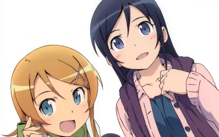 HD PC desktop wallpaper of Oreimo: Kirino Kousaka (blond, winking) and Ayase Aragaki (dark-haired, smiling) posing together against a clean white background.