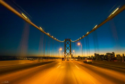 San Francisco night scene: Bay Bridge from the road with streaking lights and skyline — HD PC desktop wallpaper/background, man-made bridge.
