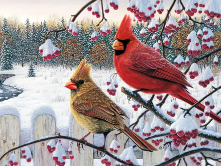 A vibrant winter scene featuring a male and female cardinal perched on berry-laden branches, set against a snowy landscape and evergreen trees, creating a serene, seasonal atmosphere.
