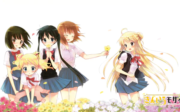 HD anime desktop wallpaper featuring five cheerful girls from KINMOZA! in school uniforms standing among colorful flowers.