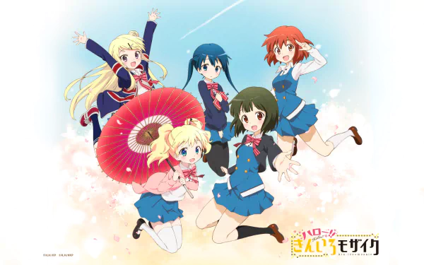HD PC desktop wallpaper featuring five energetic female characters from the anime KINMOZA!, posed against a bright sky with cherry blossom petals.
