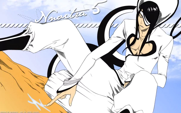 HD anime desktop wallpaper featuring Nnoitra Gilga from Bleach in a dynamic pose with clear blue sky background.