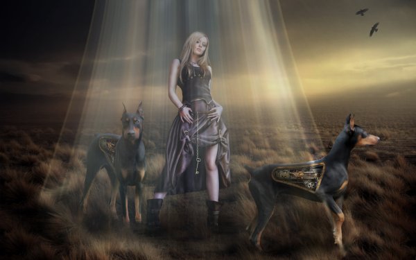 Fantasy Women Steampunk Dog Doberman Pinscher HD Wallpaper | Background Image